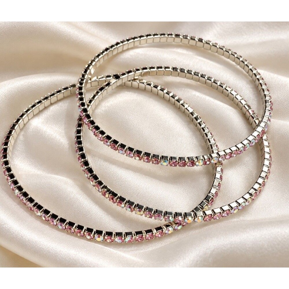 Set of 3 Pink Iridescent Rhinestone Stretch Tennis Bracelets Silver Tone Stack